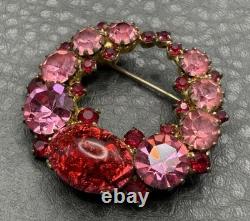 Vintage Dragon's Breath Red Pink Rhinestone Wreath Brooch Gold Tone Cabochon