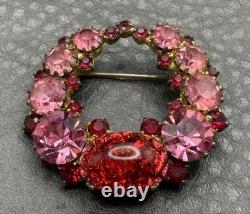 Vintage Dragon's Breath Red Pink Rhinestone Wreath Brooch Gold Tone Cabochon