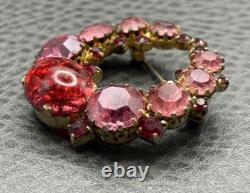 Vintage Dragon's Breath Red Pink Rhinestone Wreath Brooch Gold Tone Cabochon
