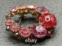 Vintage Dragon's Breath Red Pink Rhinestone Wreath Brooch Gold Tone Cabochon