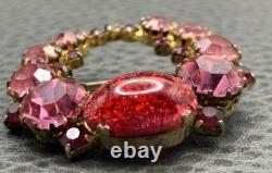 Vintage Dragon's Breath Red Pink Rhinestone Wreath Brooch Gold Tone Cabochon