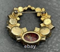 Vintage Dragon's Breath Red Pink Rhinestone Wreath Brooch Gold Tone Cabochon