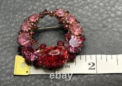 Vintage Dragon's Breath Red Pink Rhinestone Wreath Brooch Gold Tone Cabochon