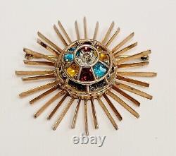 Vintage DuJay Atomic Brooch Aqua Yellow Red Clear Rhinestone