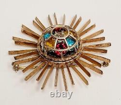 Vintage DuJay Atomic Brooch Aqua Yellow Red Clear Rhinestone