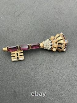 Vintage Early Trifari Brooch Pin Amethyst Rhinestones Unsigned Crown Key READ