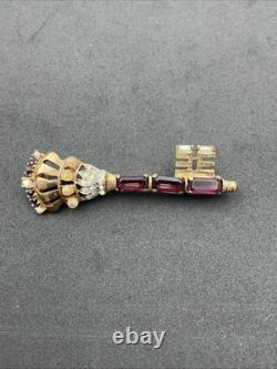 Vintage Early Trifari Brooch Pin Amethyst Rhinestones Unsigned Crown Key READ