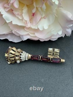 Vintage Early Trifari Brooch Pin Amethyst Rhinestones Unsigned Crown Key READ