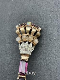 Vintage Early Trifari Brooch Pin Amethyst Rhinestones Unsigned Crown Key READ