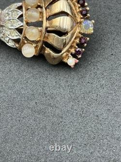 Vintage Early Trifari Brooch Pin Amethyst Rhinestones Unsigned Crown Key READ