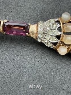 Vintage Early Trifari Brooch Pin Amethyst Rhinestones Unsigned Crown Key READ