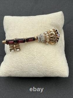 Vintage Early Trifari Brooch Pin Amethyst Rhinestones Unsigned Crown Key READ