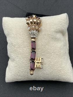 Vintage Early Trifari Brooch Pin Amethyst Rhinestones Unsigned Crown Key READ