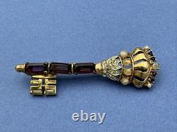 Vintage Early Trifari Brooch Pin Amethyst Rhinestones Unsigned Crown Key READ
