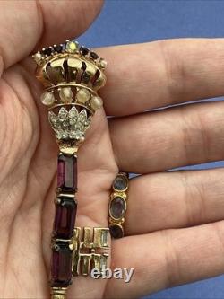 Vintage Early Trifari Brooch Pin Amethyst Rhinestones Unsigned Crown Key READ