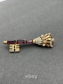 Vintage Early Trifari Brooch Pin Amethyst Rhinestones Unsigned Crown Key READ