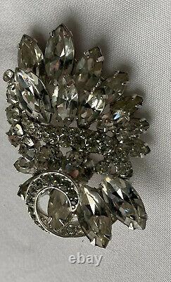 Vintage Eisenberg Brooch Rhinestone Curliques Pronged Setting Layered Rhodium