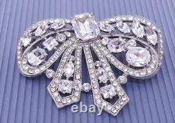 Vintage Eisenberg Ice Large White Rhinestone Crystal Bow Silver tone Brooch