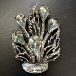 Vintage Eisenberg Original Sterling Fur Clip Large Crystal Floral Brooch 1940s
