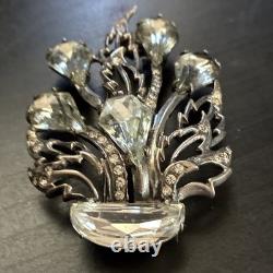 Vintage Eisenberg Original Sterling Fur Clip Large Crystal Floral Brooch 1940s