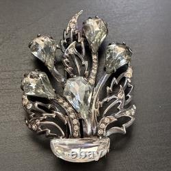 Vintage Eisenberg Original Sterling Fur Clip Large Crystal Floral Brooch 1940s