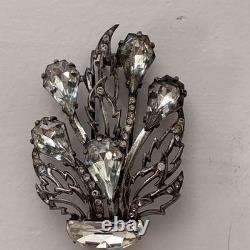 Vintage Eisenberg Original Sterling Fur Clip Large Crystal Floral Brooch 1940s