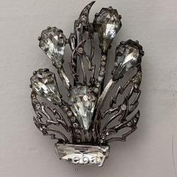 Vintage Eisenberg Original Sterling Fur Clip Large Crystal Floral Brooch 1940s