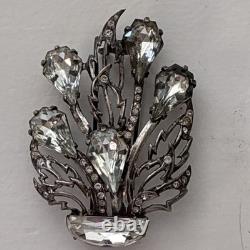 Vintage Eisenberg Original Sterling Fur Clip Large Crystal Floral Brooch 1940s