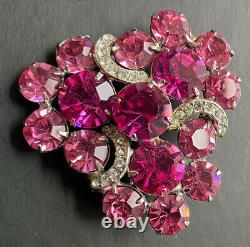Vintage Eisenberg Pink Clear Rhinestone Signed Brooch Pin Silver Tone Prong 2