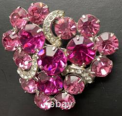 Vintage Eisenberg Pink Clear Rhinestone Signed Brooch Pin Silver Tone Prong 2