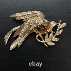 Vintage Eisenberg Signed Bird Brooch Rhinestone Phoenix Amber Glass 1940s