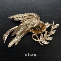 Vintage Eisenberg Signed Bird Brooch Rhinestone Phoenix Amber Glass 1940s