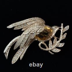 Vintage Eisenberg Signed Bird Brooch Rhinestone Phoenix Amber Glass 1940s