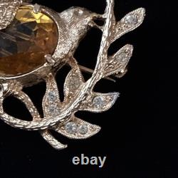 Vintage Eisenberg Signed Bird Brooch Rhinestone Phoenix Amber Glass 1940s