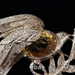 Vintage Eisenberg Signed Bird Brooch Rhinestone Phoenix Amber Glass 1940s