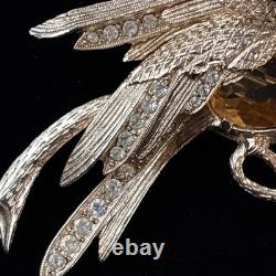 Vintage Eisenberg Signed Bird Brooch Rhinestone Phoenix Amber Glass 1940s