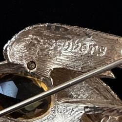 Vintage Eisenberg Signed Bird Brooch Rhinestone Phoenix Amber Glass 1940s