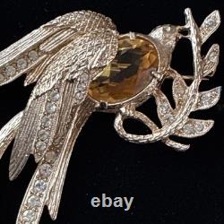 Vintage Eisenberg Signed Bird Brooch Rhinestone Phoenix Amber Glass 1940s