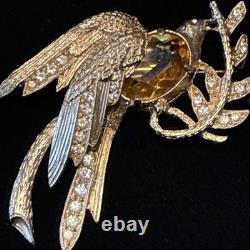 Vintage Eisenberg Signed Bird Brooch Rhinestone Phoenix Amber Glass 1940s