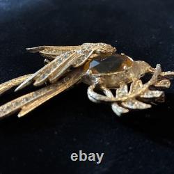 Vintage Eisenberg Signed Bird Brooch Rhinestone Phoenix Amber Glass 1940s