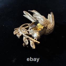 Vintage Eisenberg Signed Bird Brooch Rhinestone Phoenix Amber Glass 1940s