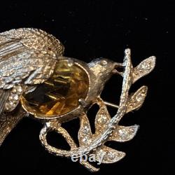 Vintage Eisenberg Signed Bird Brooch Rhinestone Phoenix Amber Glass 1940s