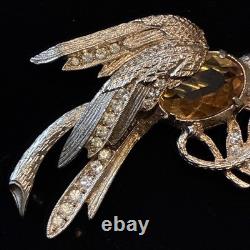 Vintage Eisenberg Signed Bird Brooch Rhinestone Phoenix Amber Glass 1940s