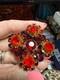 Vintage Eisenberg rhinestone brooch pin red orange gold tone signed E prong set