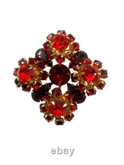 Vintage Eisenberg rhinestone brooch pin red orange gold tone signed E prong set