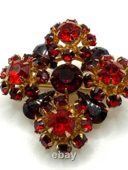 Vintage Eisenberg rhinestone brooch pin red orange gold tone signed E prong set