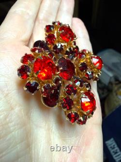 Vintage Eisenberg rhinestone brooch pin red orange gold tone signed E prong set