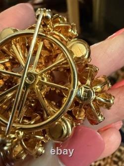 Vintage Eisenberg rhinestone brooch pin red orange gold tone signed E prong set