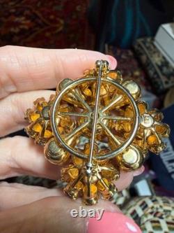 Vintage Eisenberg rhinestone brooch pin red orange gold tone signed E prong set