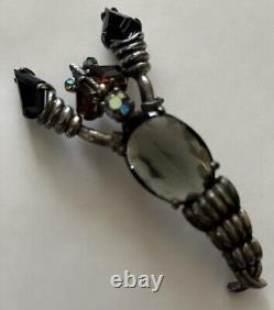 Vintage Elsa Schiaparelli Lobster Brooch 3 1/2 Rhinestone Smokey Color Rare